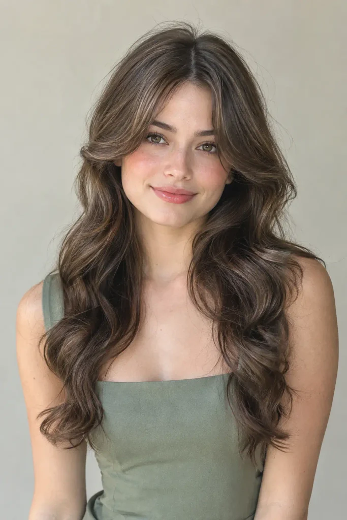 young woman with soft center-parted curtain bangs, face-framing layers, and voluminous loose waves in natural brown hair, wearing a sleeveless square-neck dress.