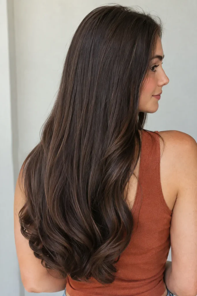 Photorealistic young white woman with very long dark chocolate brown hair, subtle warm brown dimension, sleek glossy texture and softly bent ends, shown from a three-quarter back view.