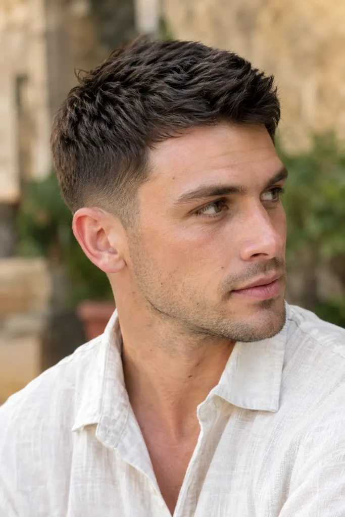 Dark brown textured crew cut on a young man in a cream linen shirt, shown in a three-quarter side view outdoors.