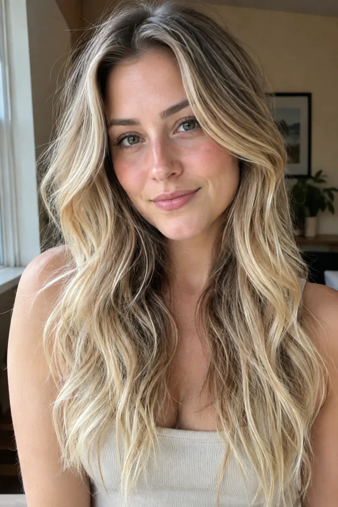Young woman with dark-root blonde hair and long tousled waves, featuring a seamless transition from deeper roots to soft creamy blonde lengths, photographed indoors in natural window light.