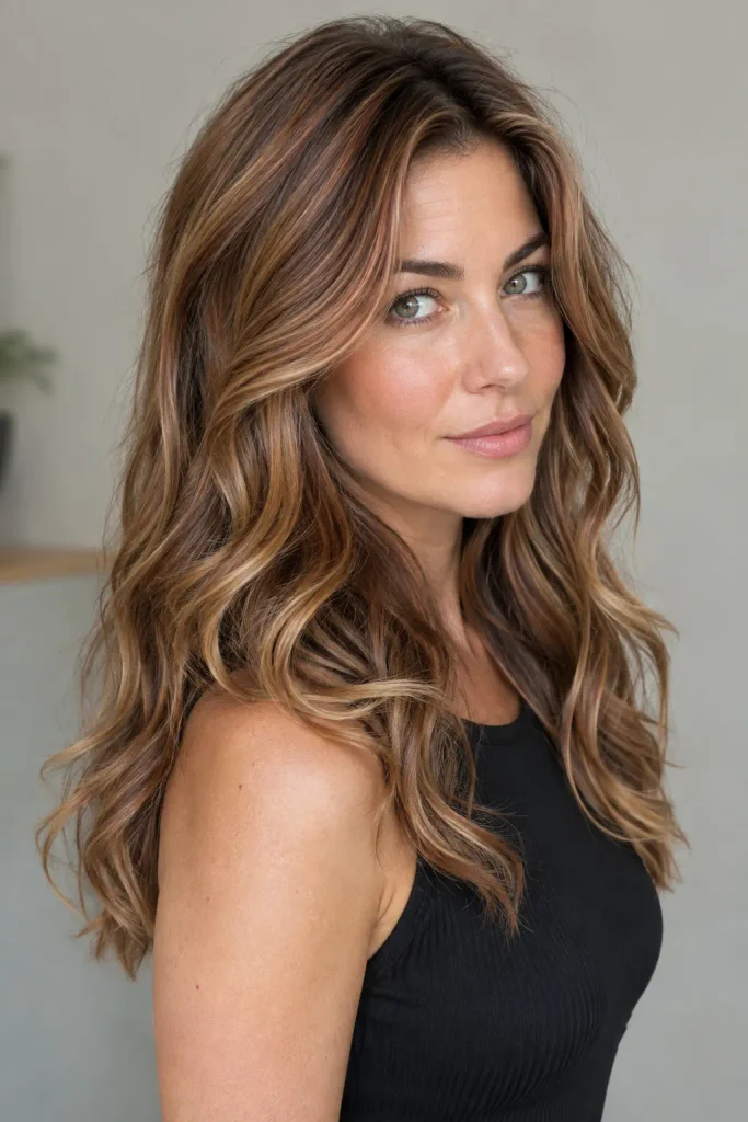 Dark strawberry blonde long layered wavy hairstyle with warm copper and golden-brown highlights on a woman in a black sleeveless top.