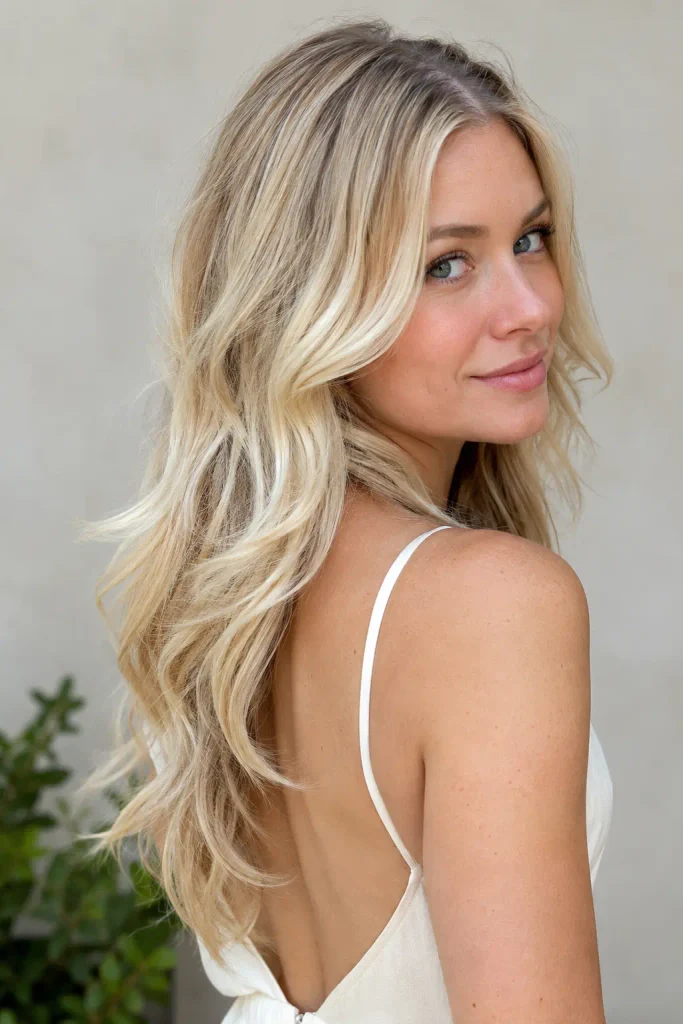Dimensional cream blonde hair with ivory, vanilla, beige, and soft golden tones styled in long loose waves on a young woman in an elegant open-back summer dress.
