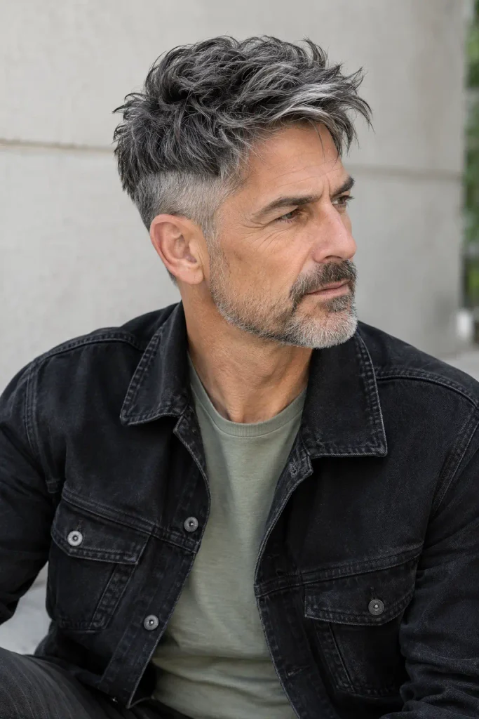 Realistic 60-year-old man with thick salt-and-pepper textured hair in a disconnected style, shorter sides, and a neatly trimmed boxed beard, wearing a black denim jacket over a muted sage T-shirt.