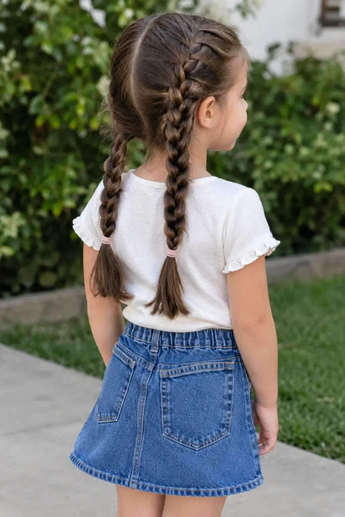 Young girl with two symmetrical three-strand braided pigtails, viewed from a rear three-quarter angle, wearing a white top and denim skirt outdoors in natural daylight.
