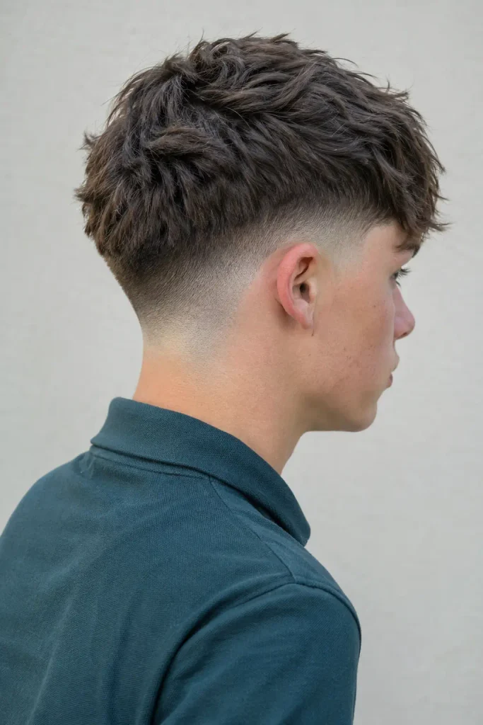 white teenage boy with a short textured crop and curved drop fade, shown from a three-quarter rear-side view, wearing a dark teal polo shirt in natural daylight.