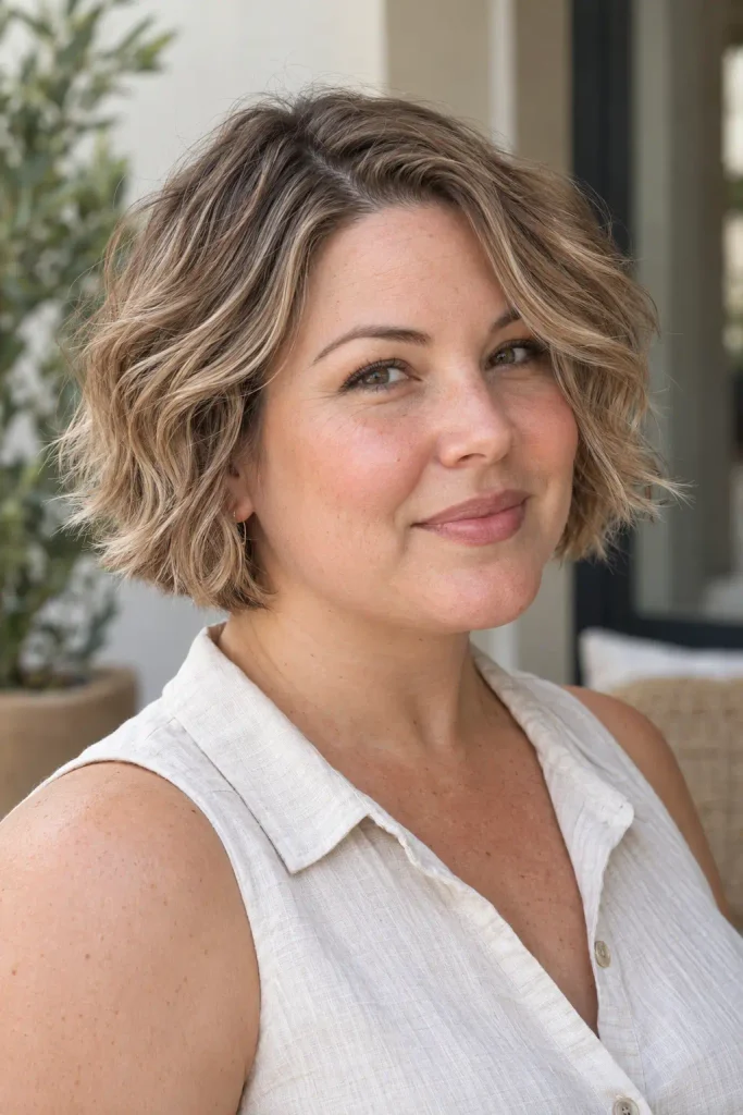 white woman in her late 30s with a round face and ear-length wavy bob, softly textured waves and an off-center part, wearing a white linen sleeveless blouse in natural daylight.