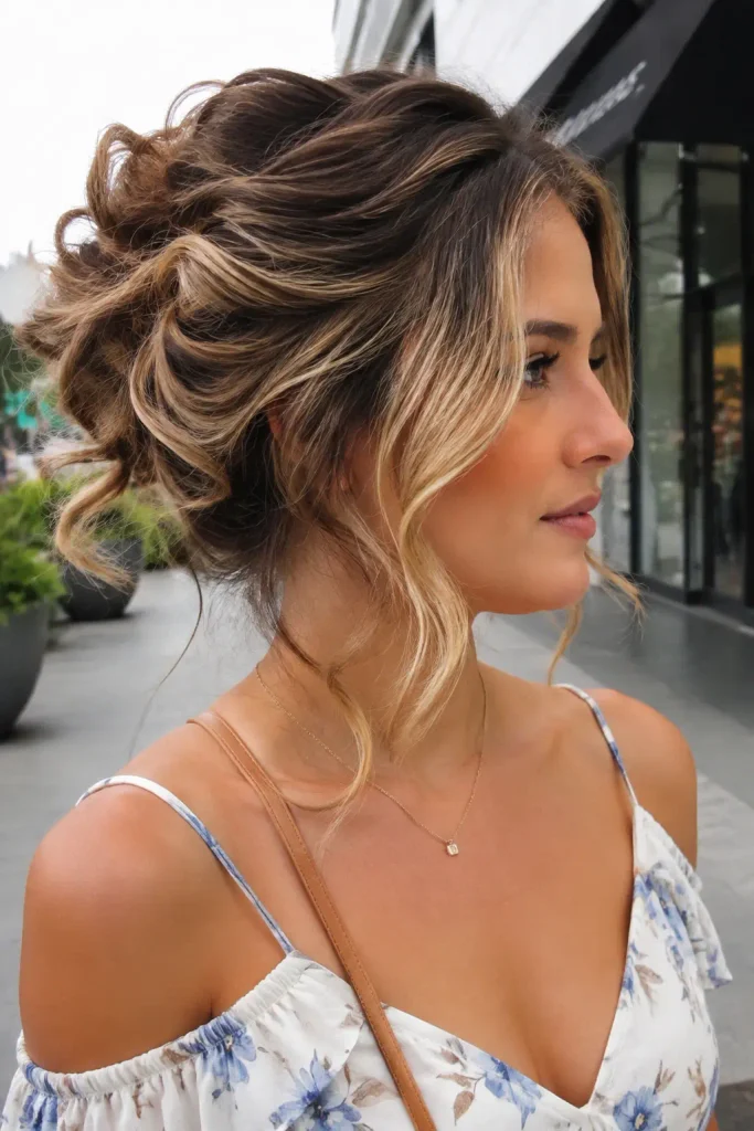 young woman with a beachy wave updo hairstyle, featuring soft pinned waves, natural volume, and loose face-framing strands, standing outdoors in a city setting wearing a floral outfit.