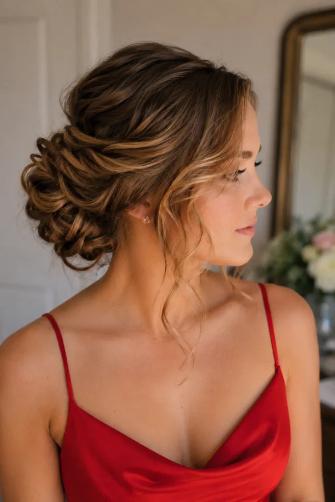 A 24-year-old white woman in a red dress wearing an elegant side-swept updo for medium-length hair, featuring soft twists, natural volume, loose face-framing strands, and detailed textured hair.