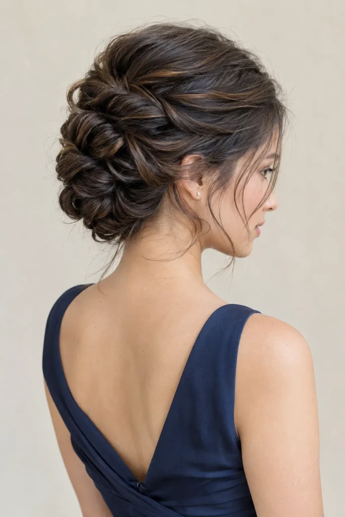 Young woman in her early 20s with a sophisticated twisted updo featuring overlapping twists and face-framing strands, viewed from a three-quarter-back angle.
