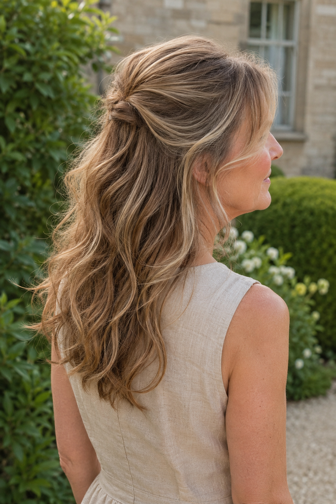 white woman in her mid-40s with an elegant half-up hairstyle featuring soft flowing waves, a gently gathered crown, and loose face-framing strands, photographed from a three-quarter rear-side view in a refined garden setting.
