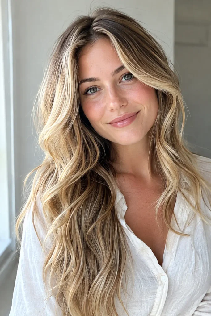 Young white woman with long layered medium blonde hair featuring creamy face-framing highlights and soft balayage waves, photographed in natural window light.