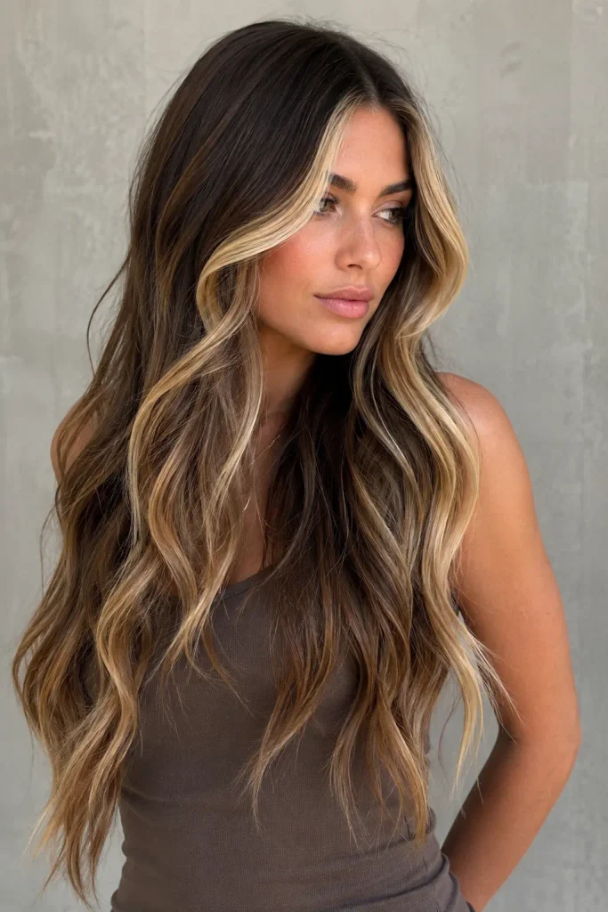 Young woman with very long, thick brunette hair styled in flowing waves, featuring bright creamy blonde money-piece highlights framing her face and subtle caramel balayage throughout.