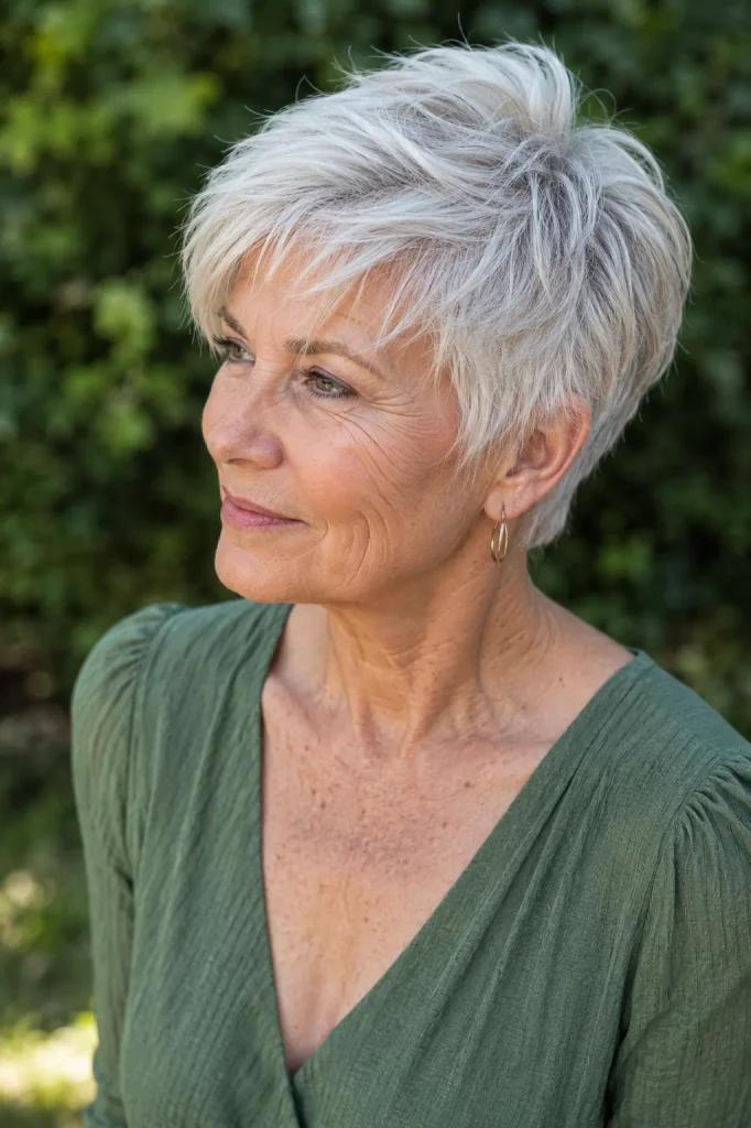 a 64-year-old white woman with fine silver-white feathered pixie hair, airy layered texture, softly tapered sides, and natural movement, wearing a green dress in soft natural daylight.