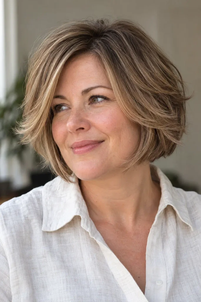 Real adult white woman in her early 40s with a round face and feathered short bob haircut, featuring soft layered ends and slightly longer front pieces, wearing a lightweight white linen shirt in natural daylight.