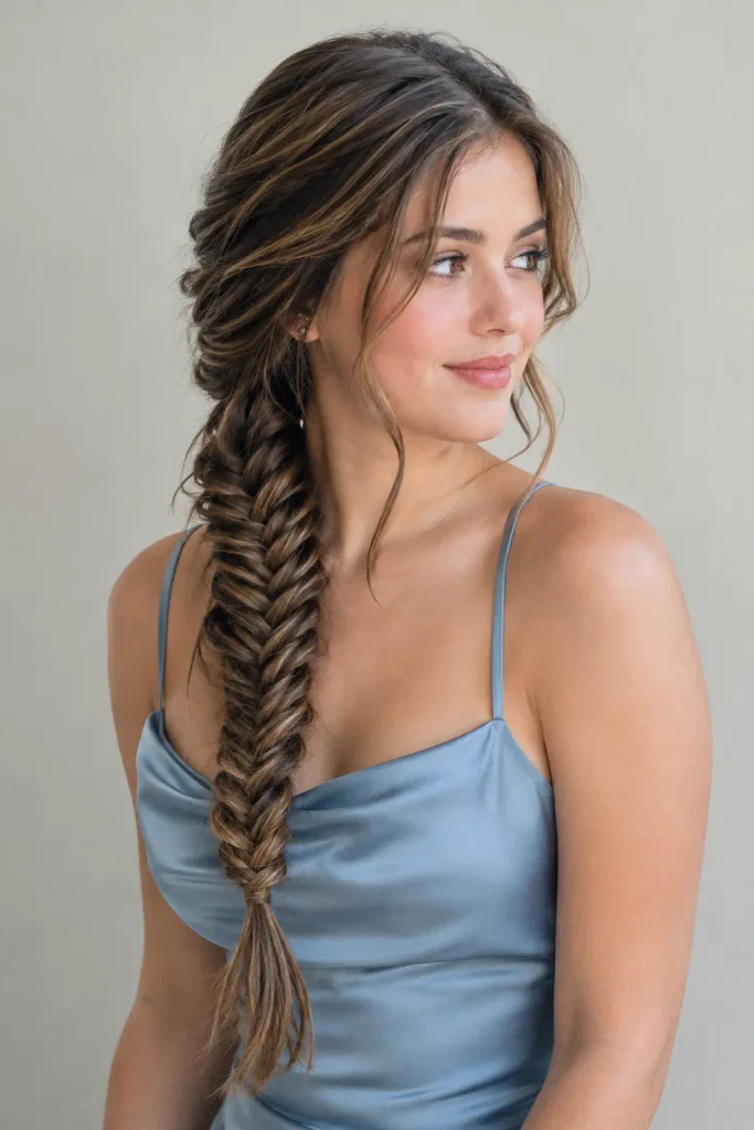 Young woman in her early 20s wearing a satin dress with a detailed fishtail braid draped over one shoulder, featuring softly loosened woven sections and face-framing strands in a realistic portrait.