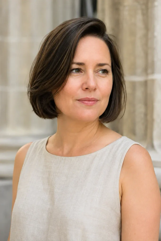Real woman in her early 40s with a round face wearing a chic jaw-length French bob with a deep side part, softly curved ends, and natural texture, styled in a light summer outfit.
