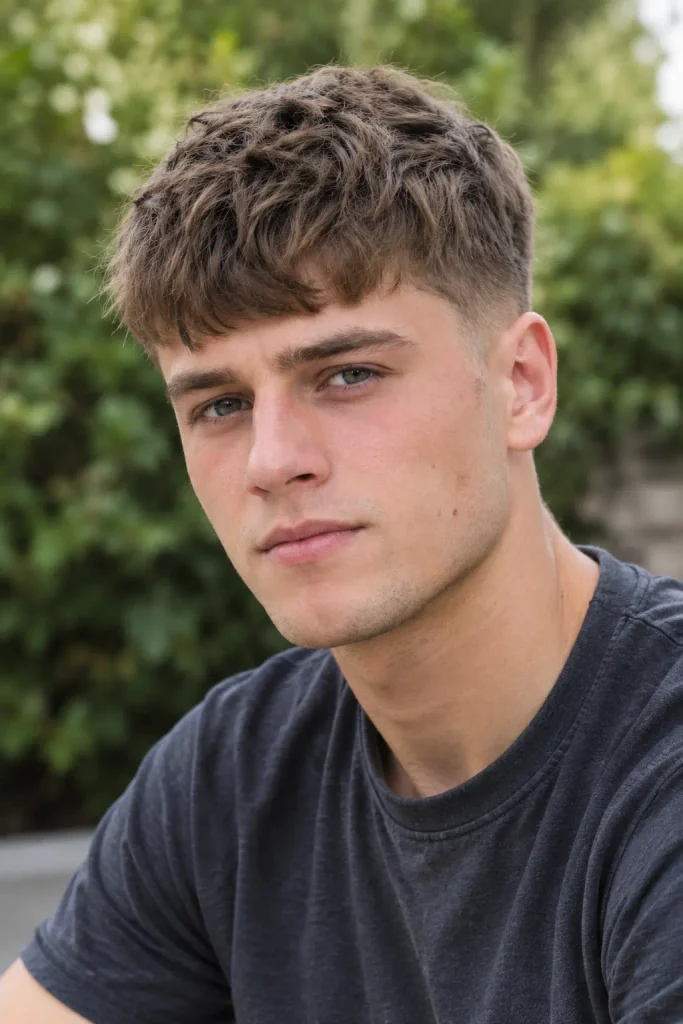 Young white man with thick dark blonde French crop haircut, short textured fringe, and low taper sides, photographed outdoors in natural light.