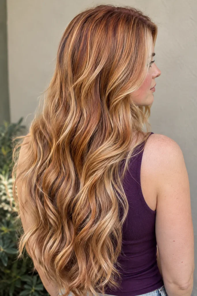 Long strawberry blonde hair with soft waves and dimensional golden, honey, copper, and peach tones on a woman in a deep-purple sleeveless top.
