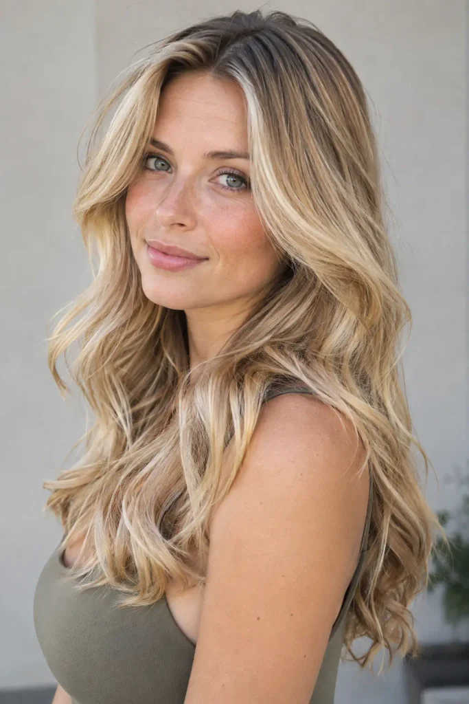 Golden beige blonde layered waves with warm golden and neutral beige highlights on a young woman, natural-looking hair and realistic texture.