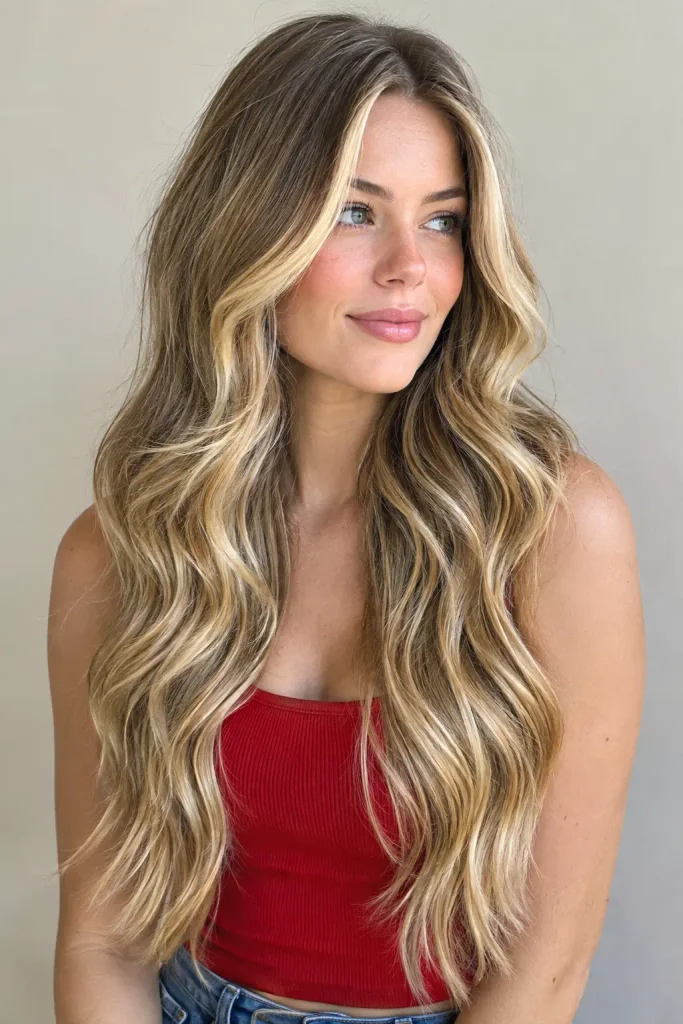 white woman with long, thick golden blonde balayage hair styled in loose layered waves, featuring warm honey and caramel highlights with darker roots, wearing a red sleeveless top and denim.