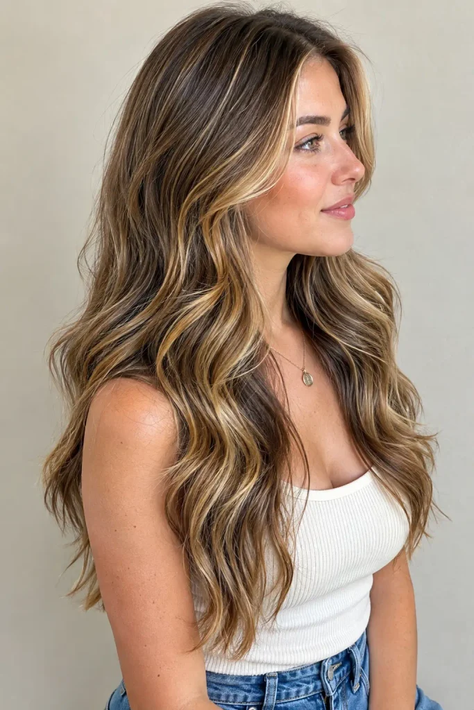Long golden brown balayage hair with honey and caramel highlights styled in soft loose waves.