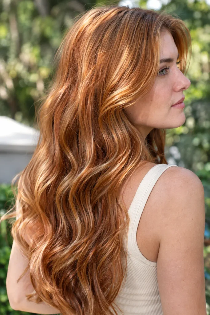 young woman with long golden copper hair featuring warm gold and subtle strawberry tones, styled in loose natural waves, photographed from a side-rear view outdoors in natural daylight.