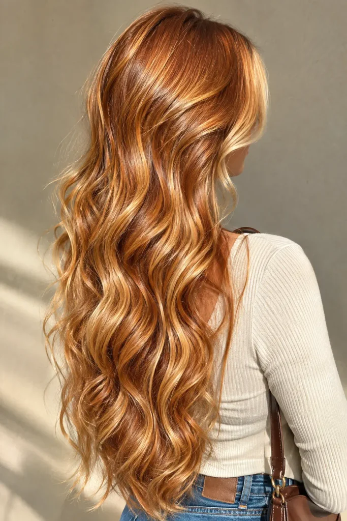 Golden copper hair with luminous blonde highlights, creating a warm, dimensional blend with soft flowing waves and glossy texture.