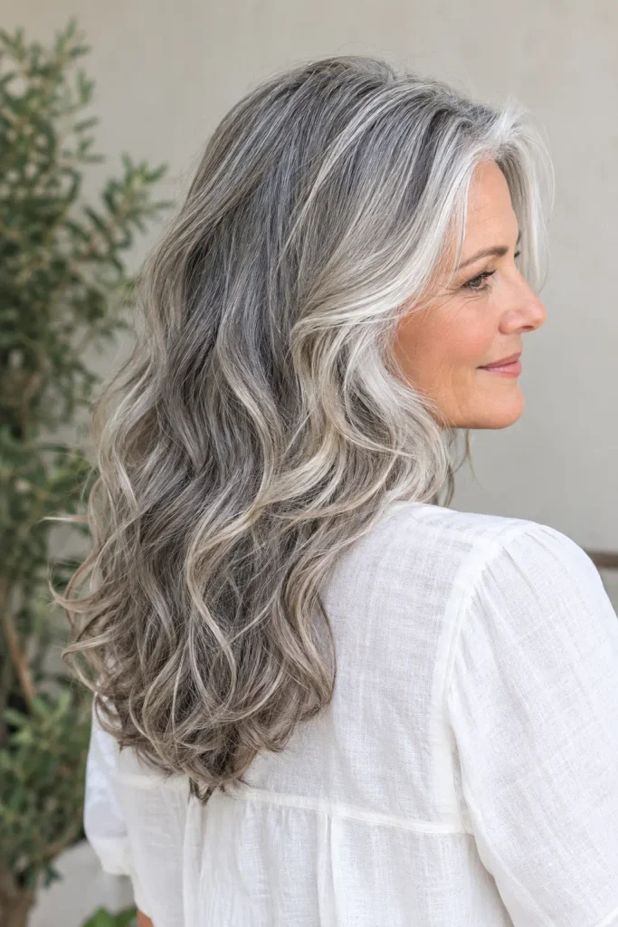 woman in her late 40s with long natural silver-gray hair styled in soft loose waves, shown in a three-quarter rear-side portrait wearing a white linen blouse.
