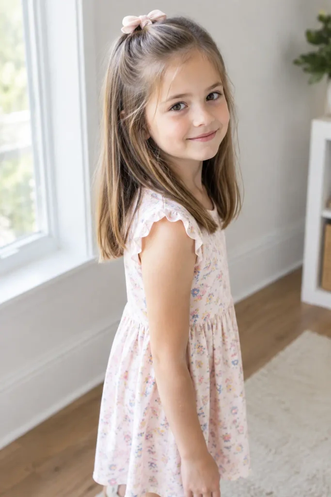 7-year-old girl with shoulder-length straight hair styled half-up with a soft pink bow at the crown, wearing a pastel floral dress indoors in natural window light.