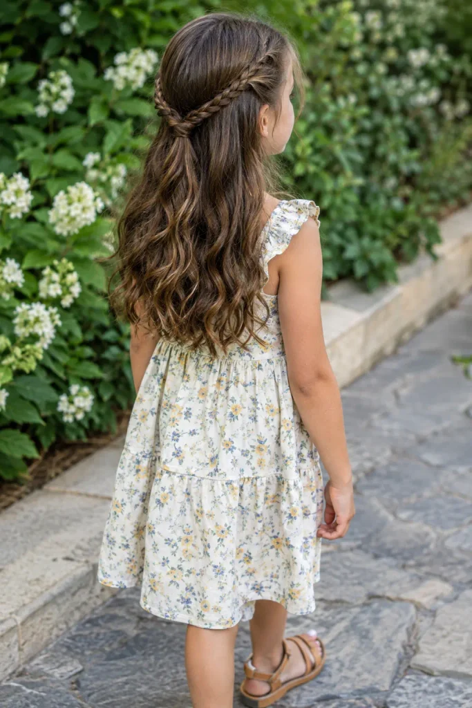 Two small side braids meet in a half-up style on a young girl with loose naturally wavy hair, viewed from the rear three-quarter angle outdoors.