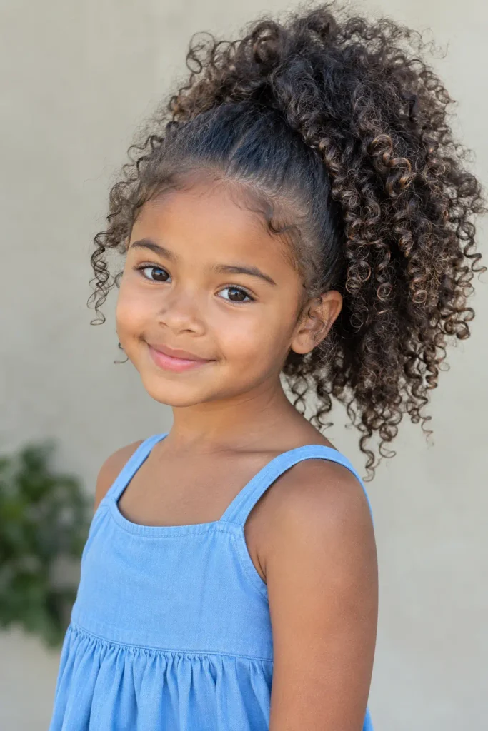 Real young girl with a voluminous high ponytail of naturally defined curls, shown in a front three-quarter view with detailed curly hair, wearing a simple light blue sleeveless summer dress in natural sunlight.
