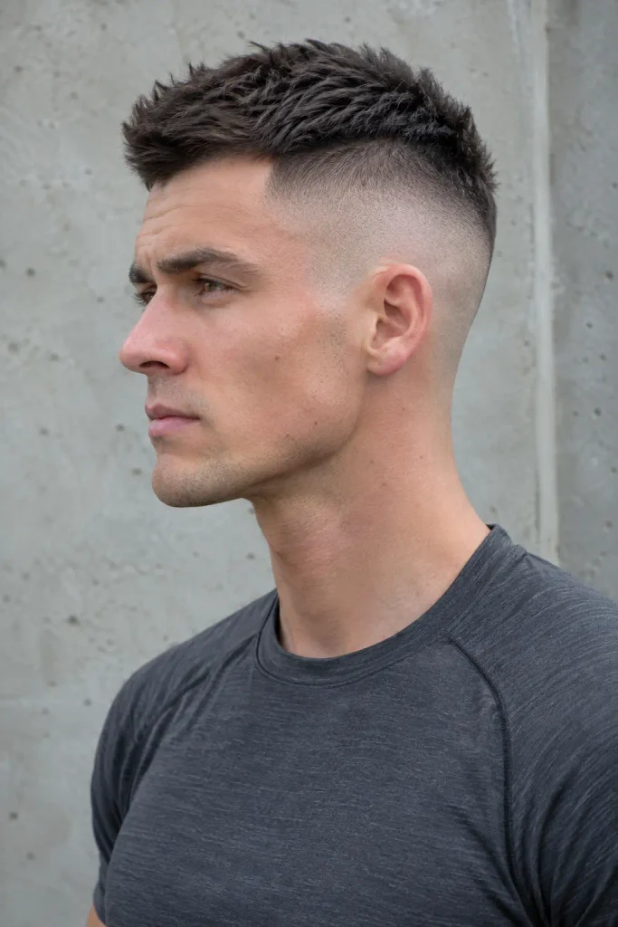 young man with a sharp high fade crew cut, compact textured top, clean temple area and neckline, photographed in profile against a concrete background.