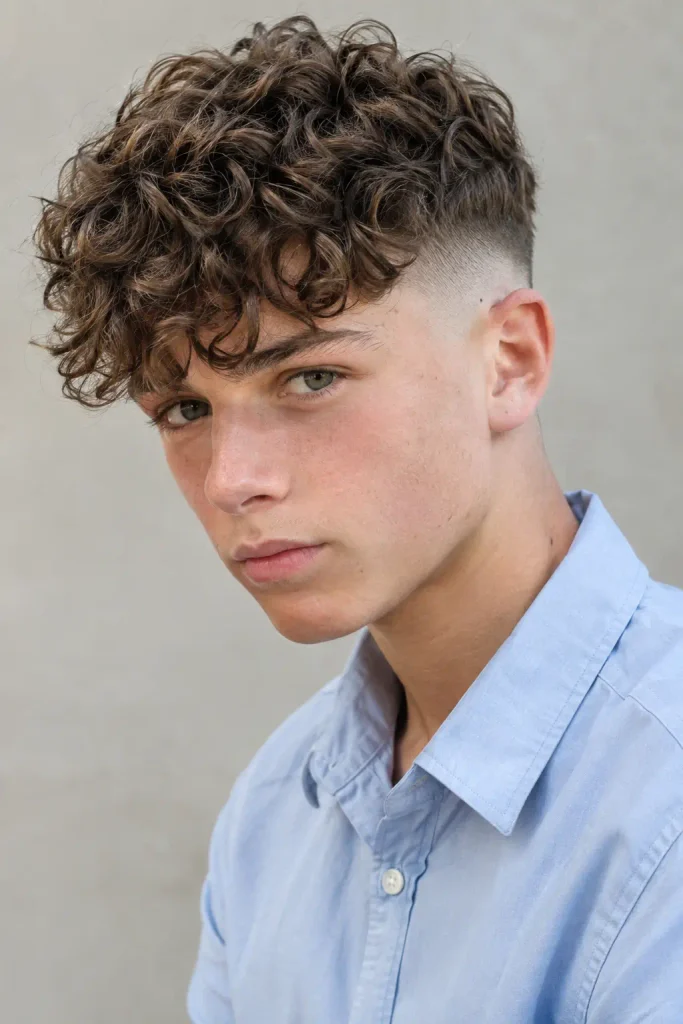 Teenage boy with a high fade and curly fringe, featuring defined natural curls falling forward over the forehead, photographed from a front three-quarter angle in a pale blue button-up shirt.
