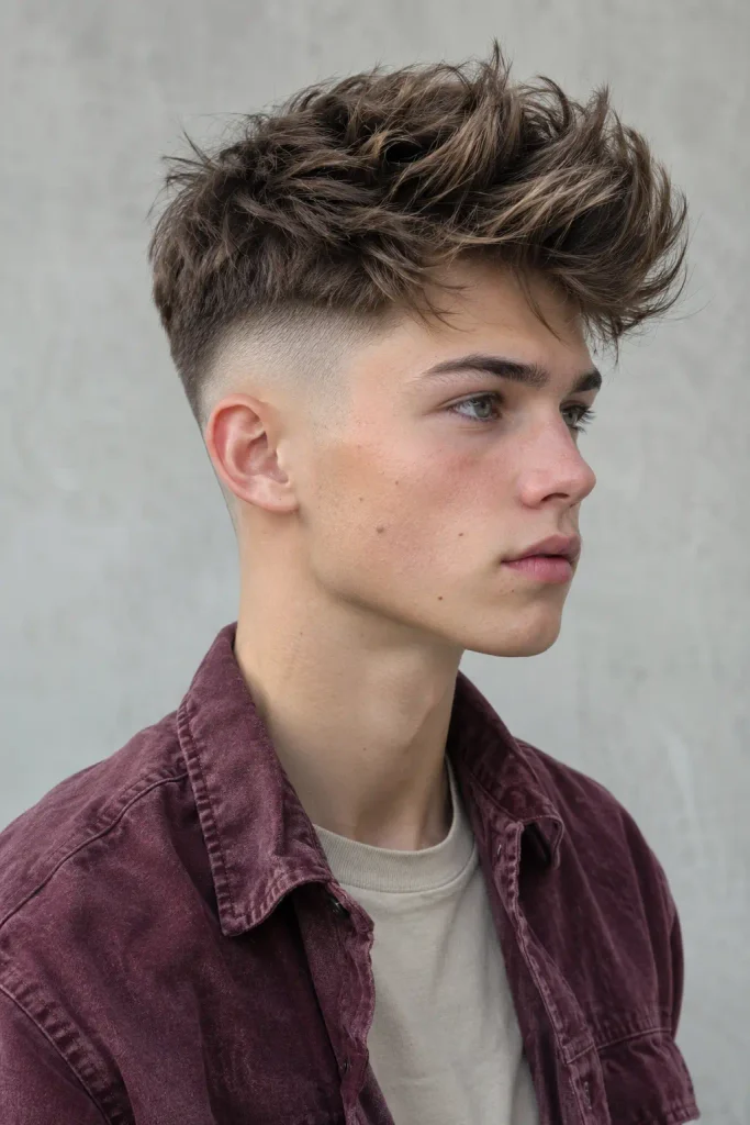 White teenage boy with a messy textured quiff and high fade haircut, photographed from a side three-quarter angle, wearing a burgundy overshirt over a beige T-shirt.