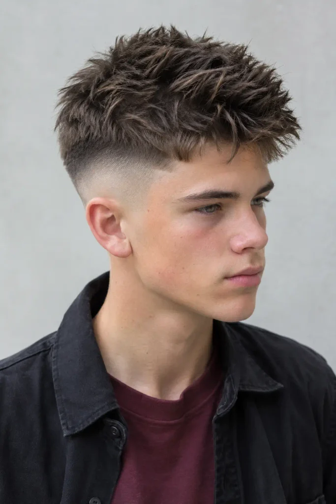 teenage boy with a high fade and short textured spiky top haircut, photographed from a three-quarter side angle, wearing a burgundy T-shirt and black overshirt.