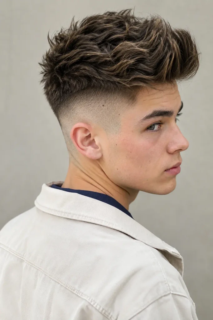 white teenage boy with a high fade and voluminous textured quiff, shown from a three-quarter rear-side angle, wearing a cream overshirt over a navy T-shirt.