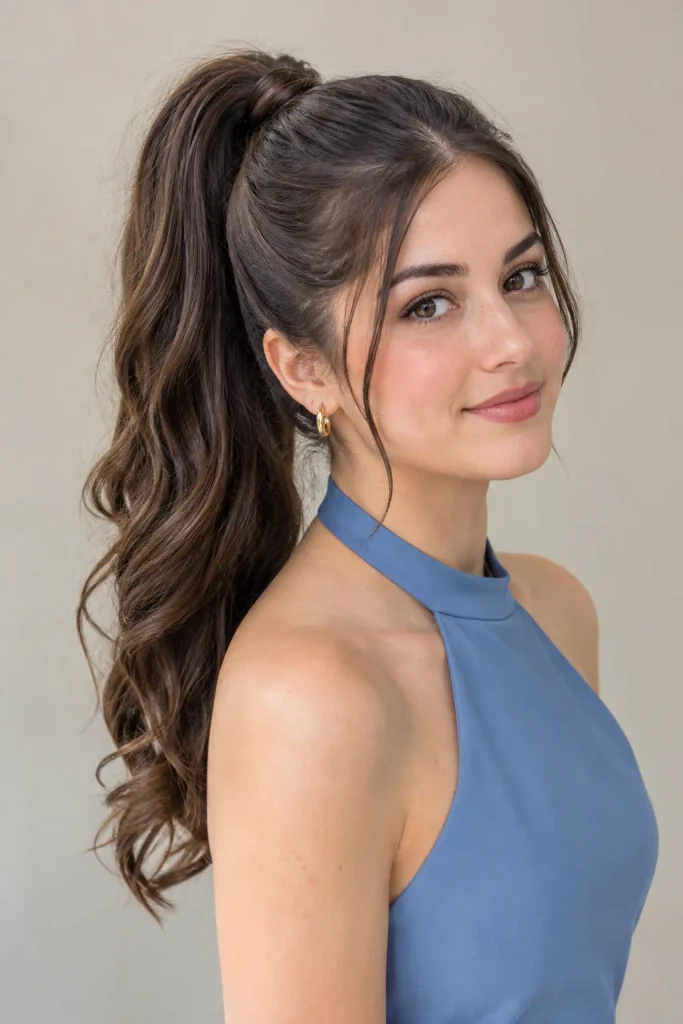 young woman with a sleek high ponytail featuring a wrapped hair base and long softly waved lengths, wearing an elegant blue halter-neck dress.