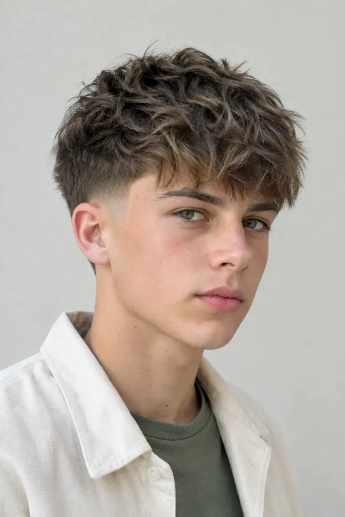 teenage boy with a high taper fade and textured forward fringe, wearing a cream overshirt and muted green T-shirt in natural daylight.