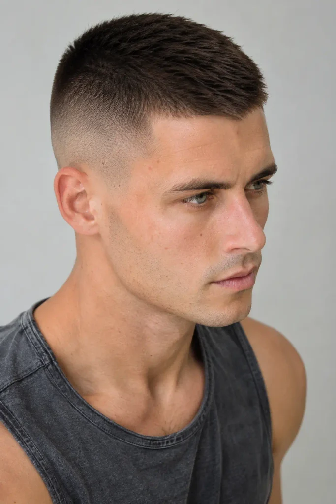 young white man with a sharply defined high and tight haircut, closely clipped sides and short dark hair on top, shown in a three-quarter side portrait.