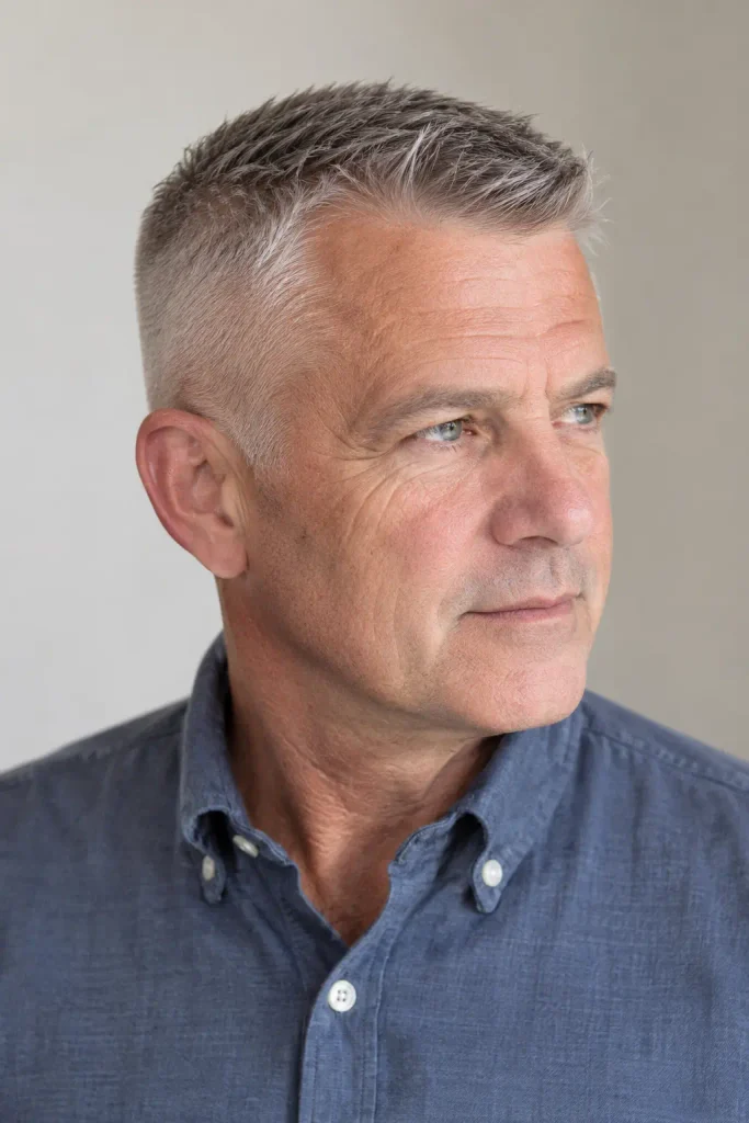 Older white man with naturally silver-gray hair wearing a classic high-and-tight haircut with closely tapered sides and a short textured top.
