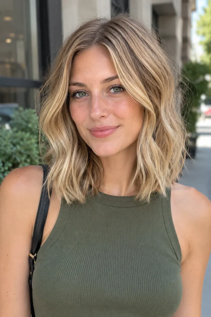 Honey beige blonde long bob with warm honey and neutral beige highlights, darker roots, and soft loose waves on a young woman outdoors in natural daylight.