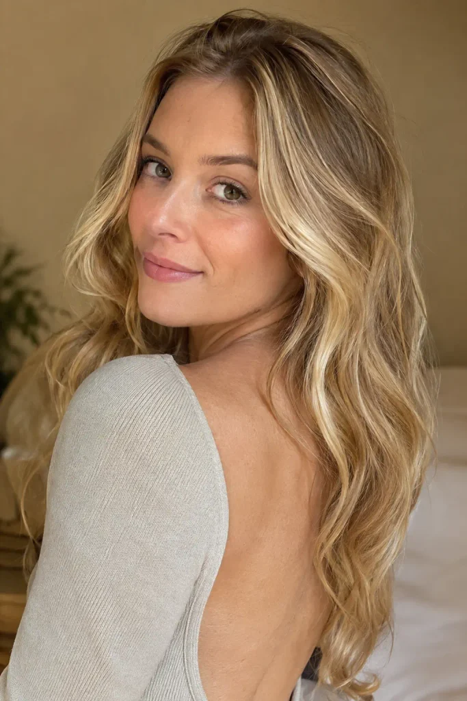 woman with long honey blonde wavy hair and warm golden-beige tones, shown in a close-up portrait with natural window lighting.