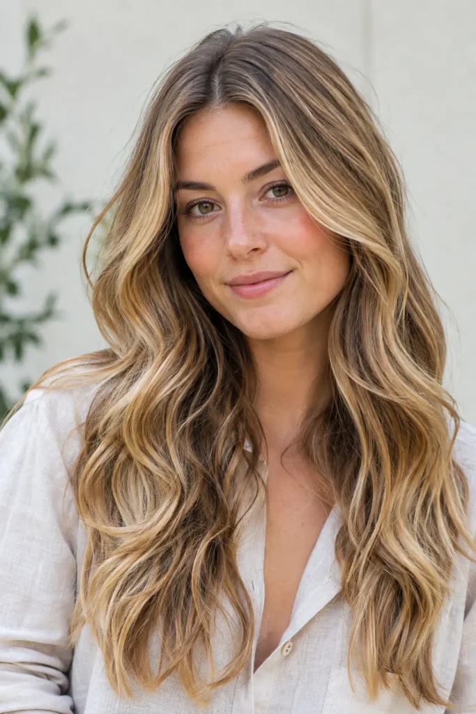 Young white woman with long layered honey blonde balayage hair styled in soft natural waves, warm golden highlights, dark blonde roots, and realistic texture, wearing a light linen shirt outdoors.