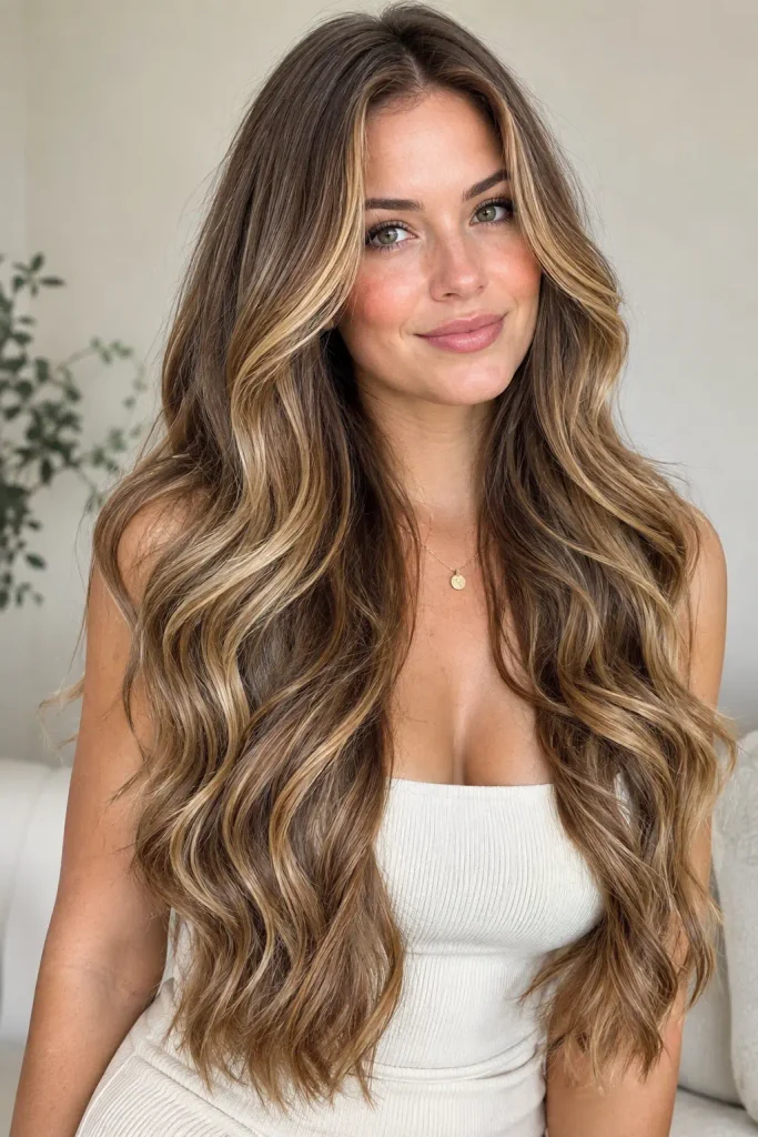 Long thick brunette hair with radiant honey caramel balayage, warm golden tones, and soft face-framing highlights styled in long layered waves on a young woman