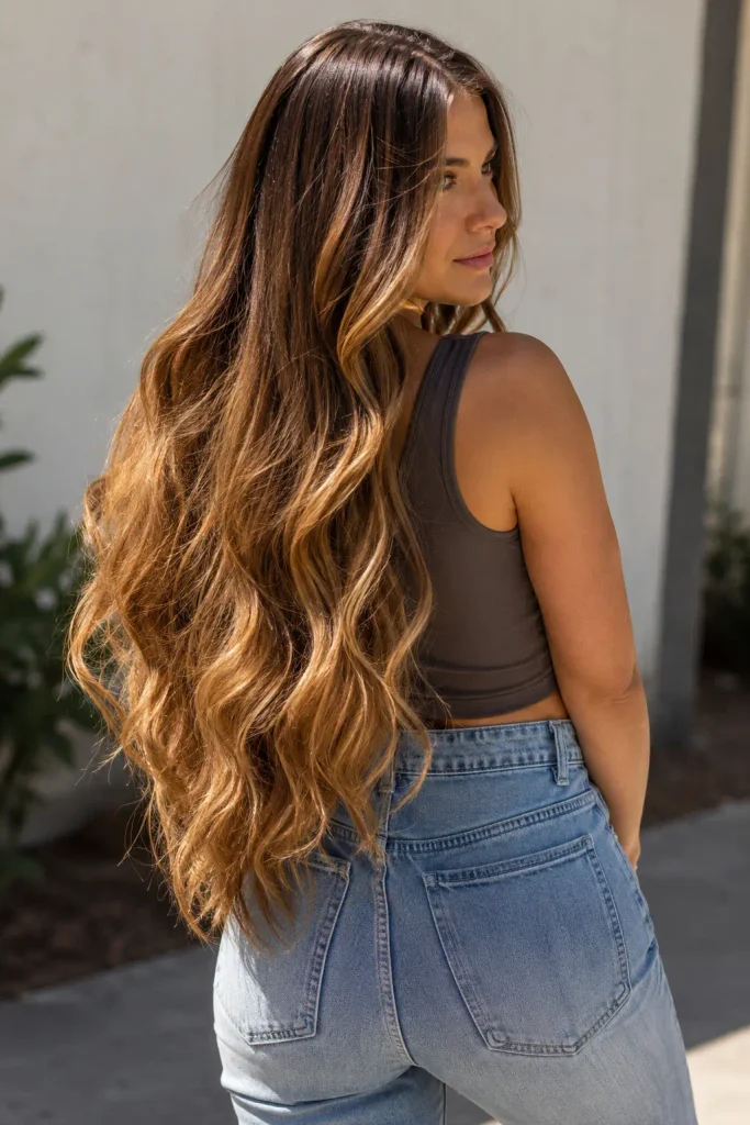 Photorealistic young woman seen from a three-quarter rear view with extremely long, thick beach waves featuring a seamless honey caramel ombré, transitioning from deep brunette roots through chestnut and warm caramel to luminous honey blonde ends, outdoors in natural sunlight.
