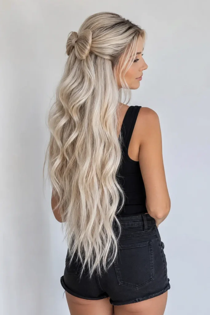 Layered Hairstyles for Women Over 50 with Thin Hair featuring a young woman with extremely long icy blonde waves styled in a half-up bow hairstyle.
