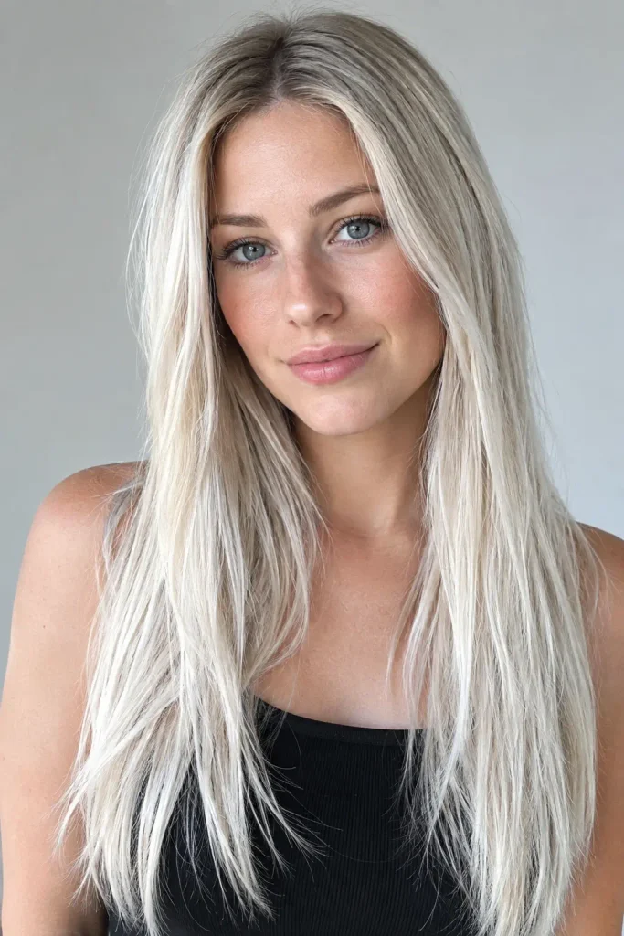 a young woman with long straight icy blonde hair, soft natural dark root shadow, and subtle silver-blonde dimensions, wearing a black sleeveless top.