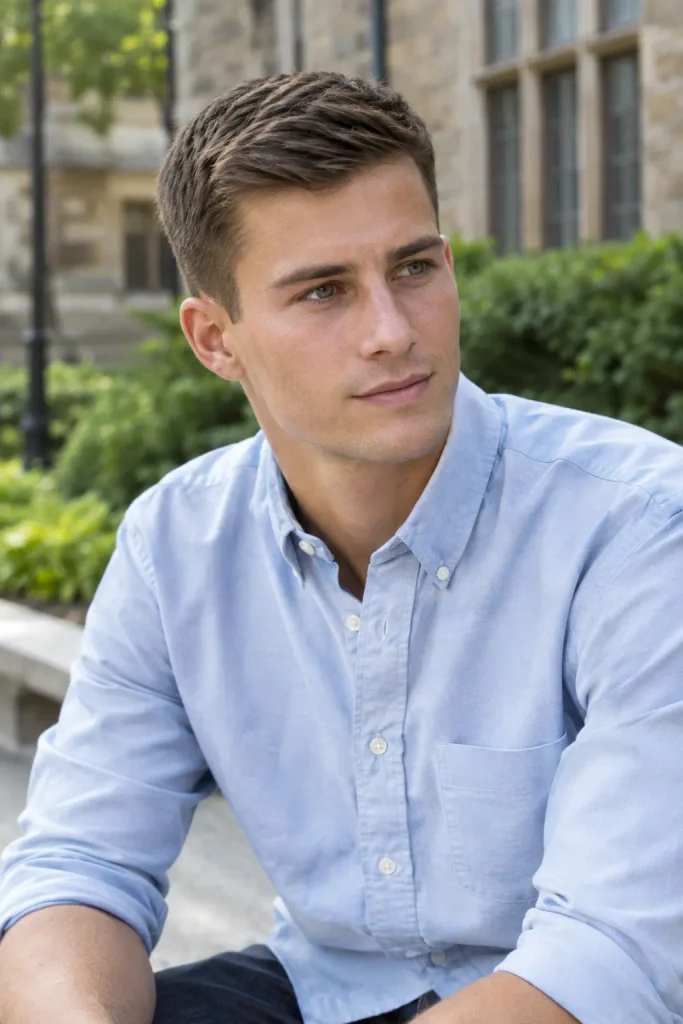 white man wearing a light blue Oxford shirt with a neatly styled Ivy League crew cut and tapered sides, photographed outdoors on a university campus.