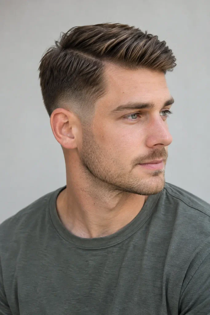 Ivy League fade haircut on a young white man with chestnut brown side-swept hair and a clean gradual fade.

