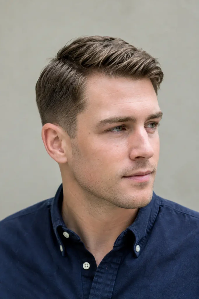 Ivy League haircut on a real young white man with medium ash brown hair, subtle side part, tapered sides, and natural texture.